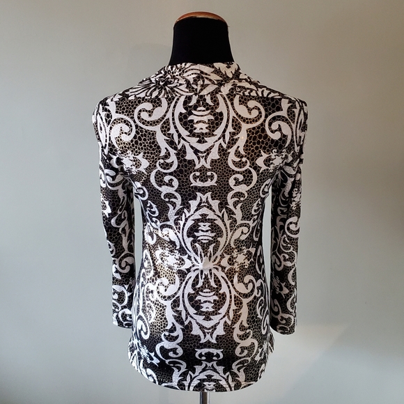 Joseph Ribkoff 8 Black Metallic Gold Sequins Gathered Pleated Square Neck Top - Picture 7 of 8